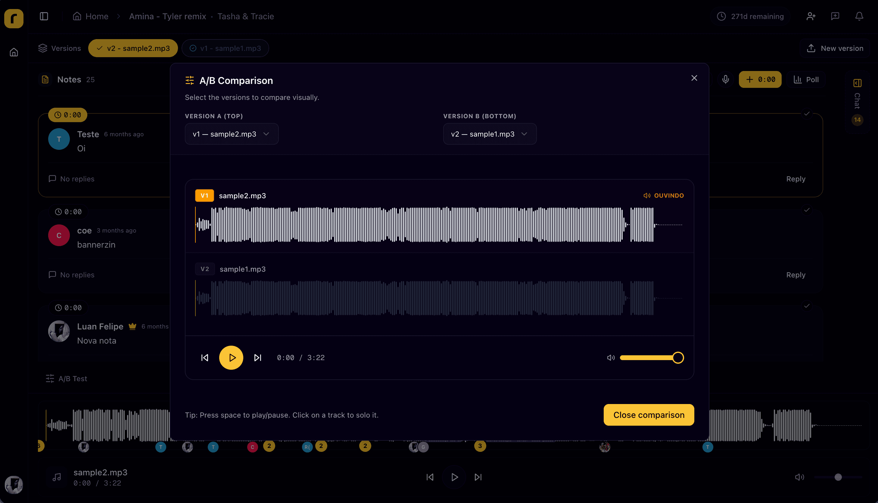 Real-time A/B comparison of track versions